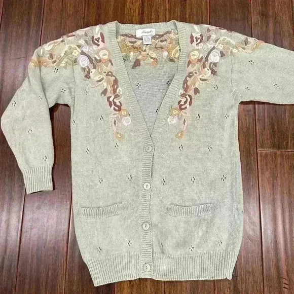 Margules vintage Knit Embroidered Cottagecore Mint Floral Cardigan Sweater large - Picture 1 of 6